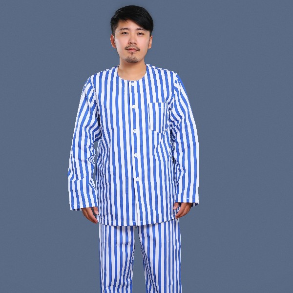 藍(lán)白條紋無領(lǐng)病號服